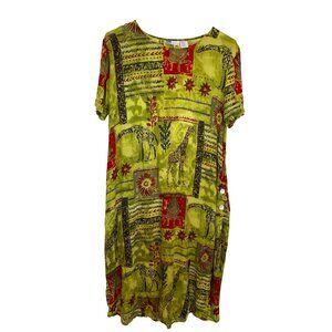 La Cera Womens Green & Red Giraffe Print Short Sleeve Dress Resort Beach Size L